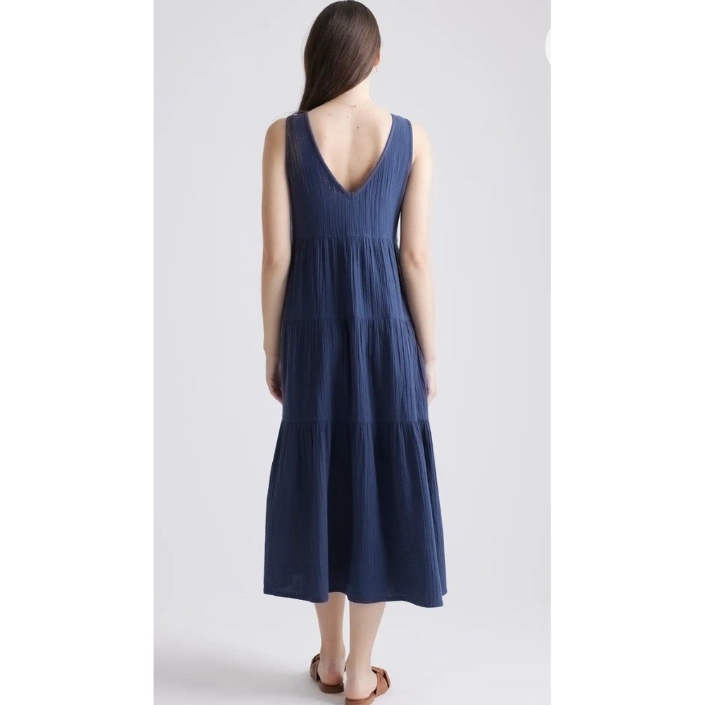 Quince 100% Organic Cotton Gauze Tiered Maxi Dress Indigo Blue Medium - Picture 2 of 10